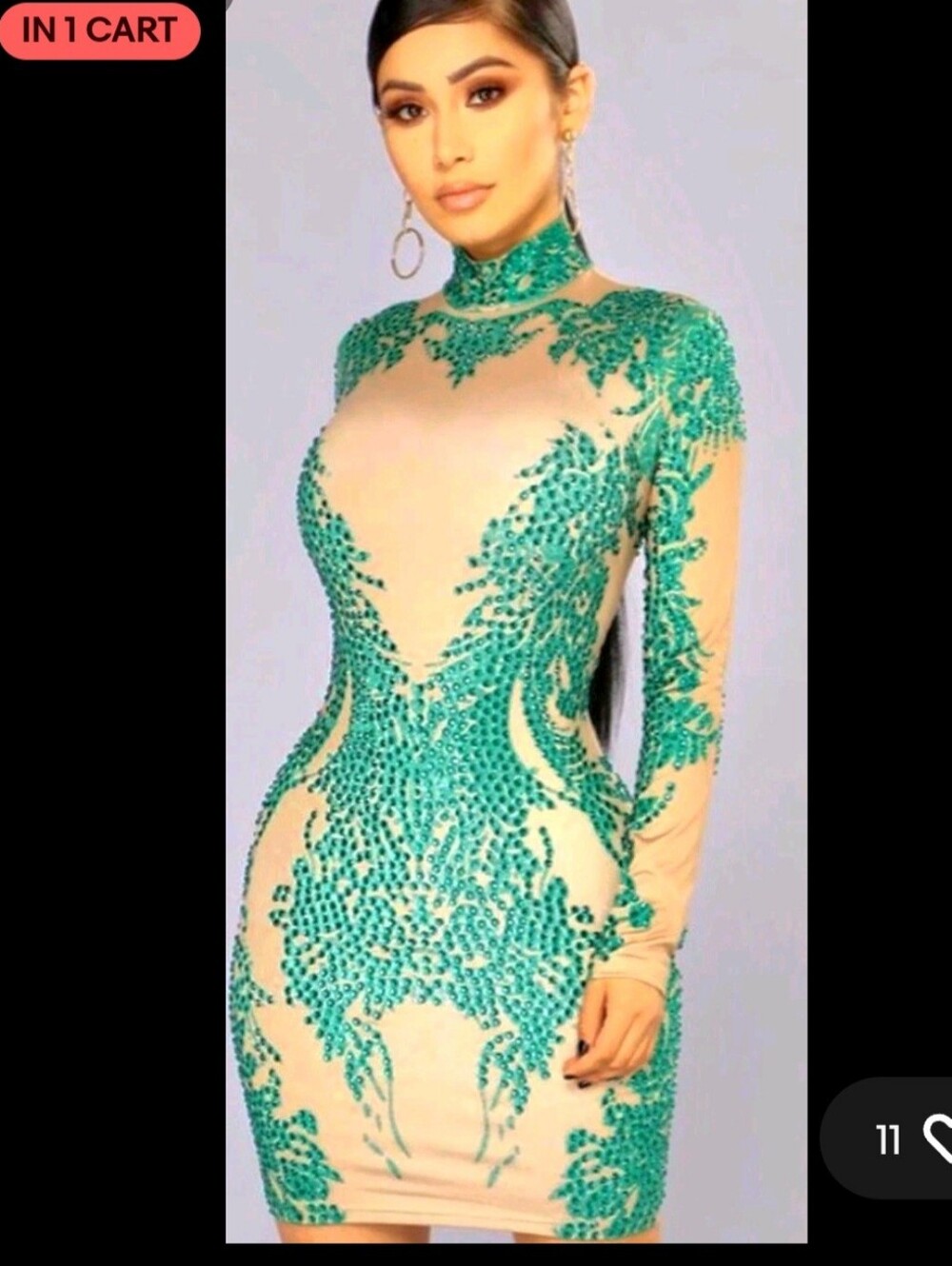 Badgley Mischka Nude Bodycon Dress with Emerald Embellishment